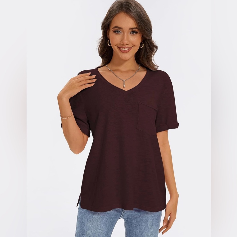 NWT v-neck burgundy / maroon women's top size medium. Short sleeve v-neck shirt.